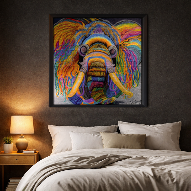Wooly Mammoth framed canvas in dark bedroom - bold colorful wall art by Danielle Cowdrey - colorful art print by Danielle Cowdrey