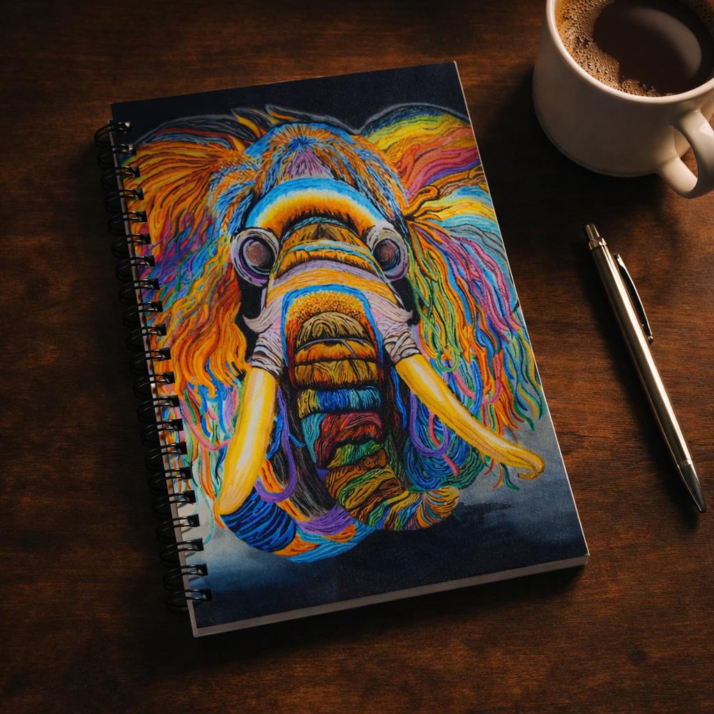 Wooly Mammoth Spiral Notebook mockup - colorful wall art print by Danielle Cowdrey