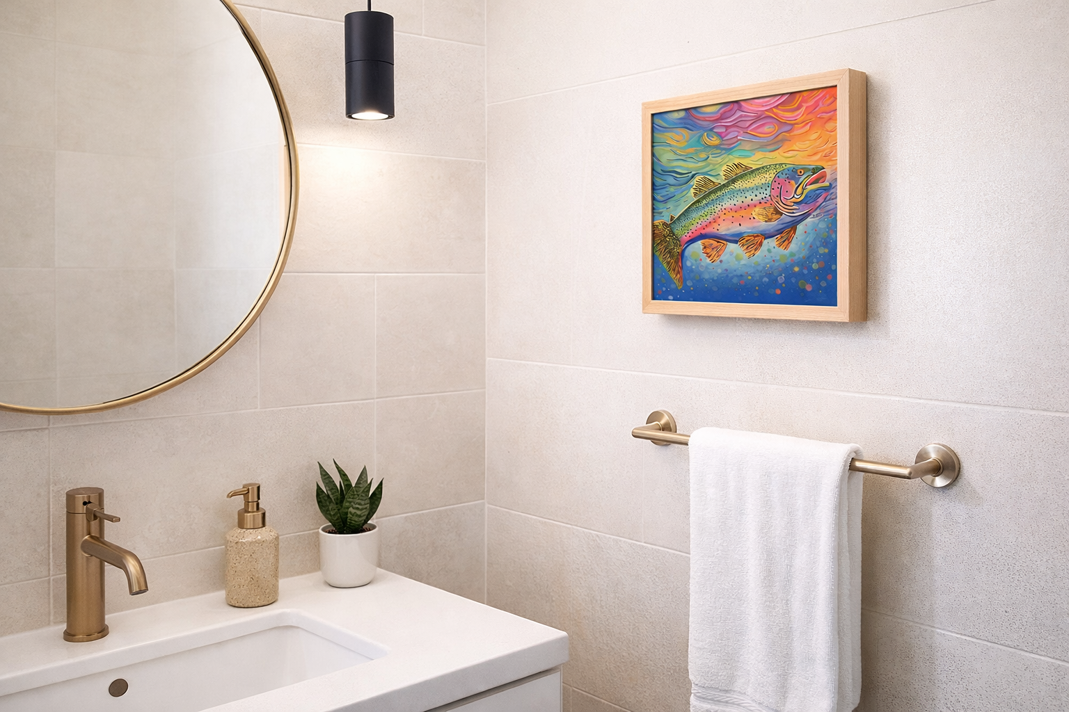 small colorful art print in stylish bathroom