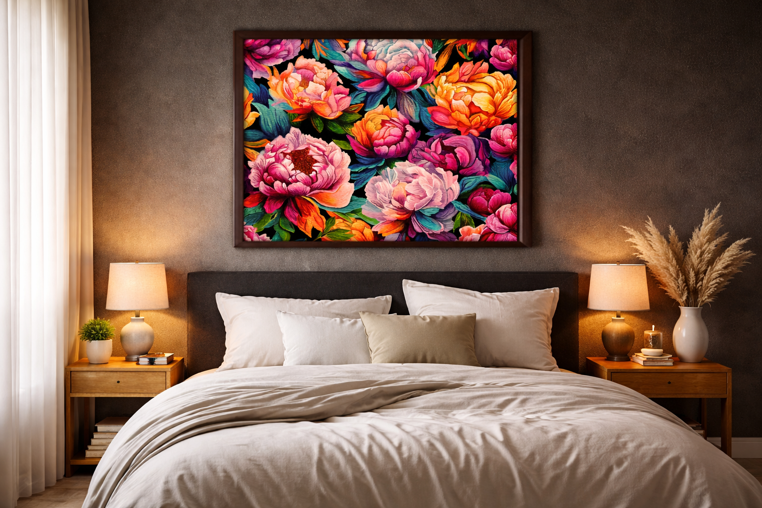 bold colorful art print above bed headboard in bedroom