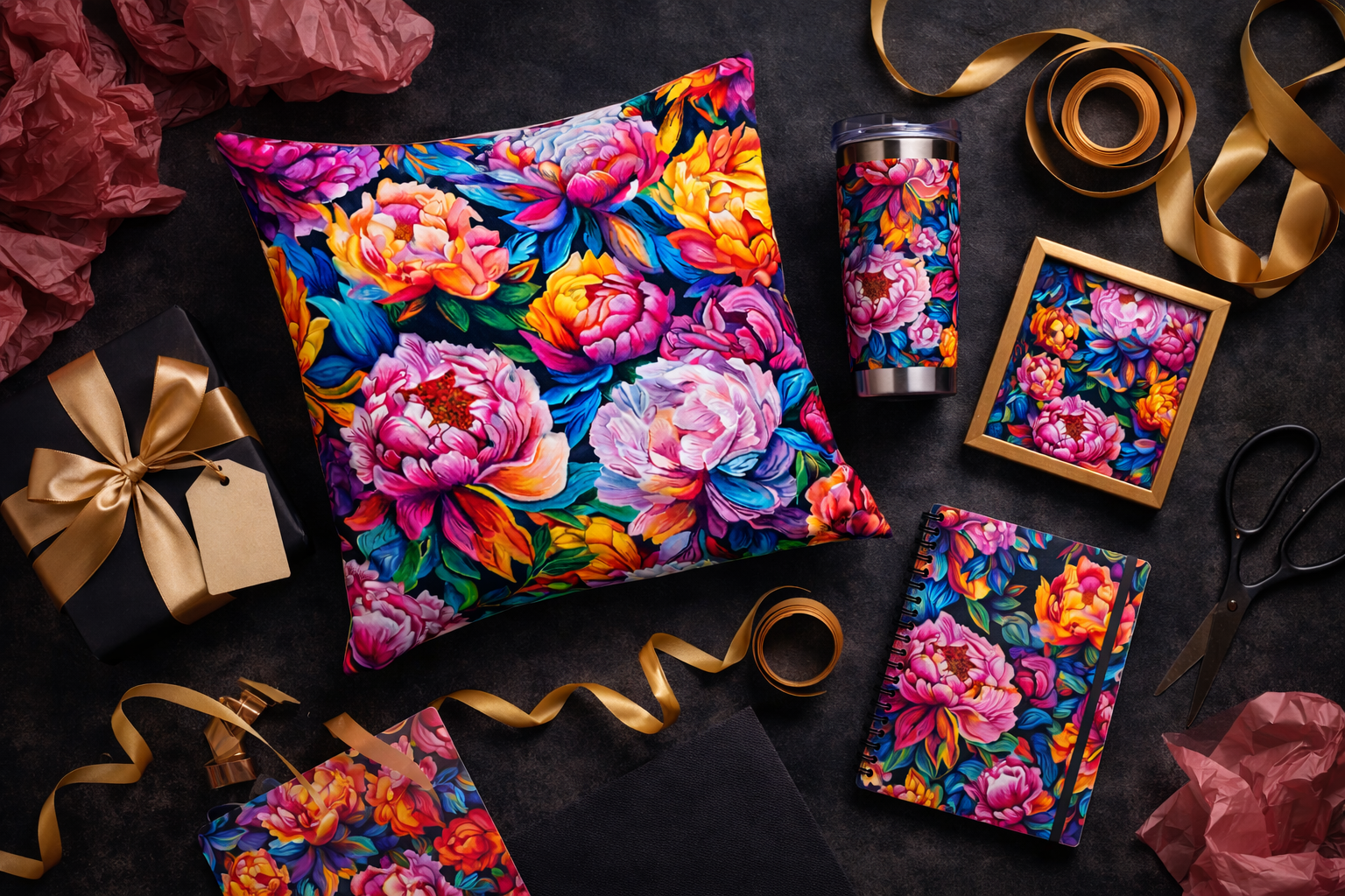 A spread of unique art gifts including a colorful throw pillow, tumbler, mini framed print, and spiral notebook featuring bold floral artwork