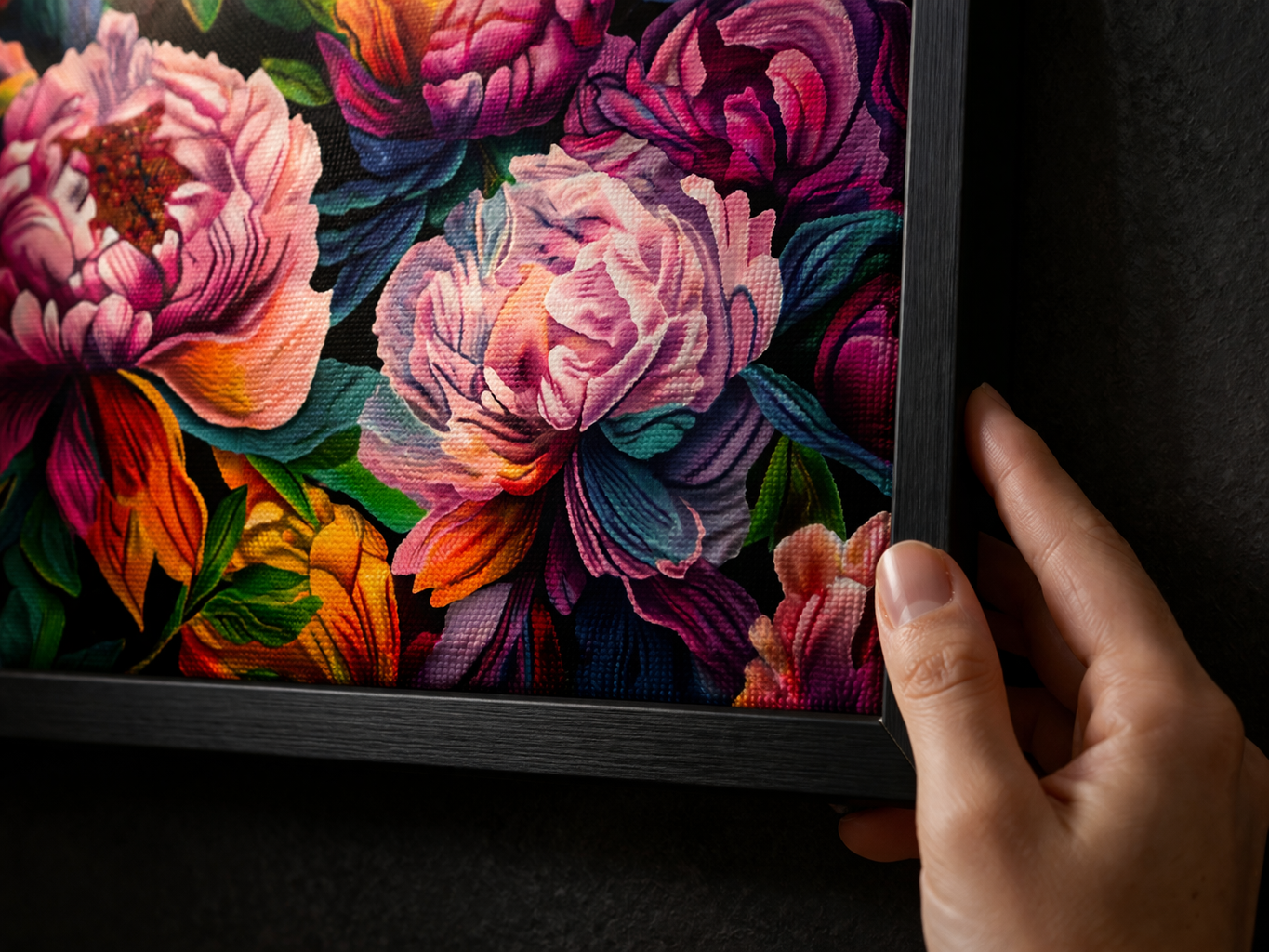Close-up detail of a gallery-quality framed canvas art print showing rich color and canvas texture