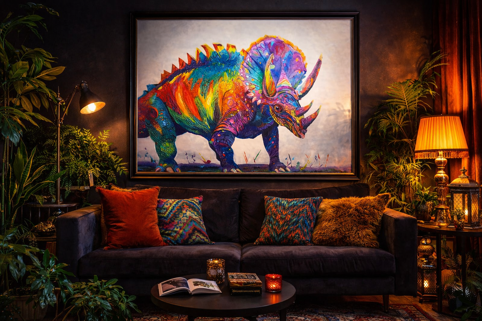 A large bold wall art print of a technicolor triceratops in a maximalist living room with dark walls and lush plants
