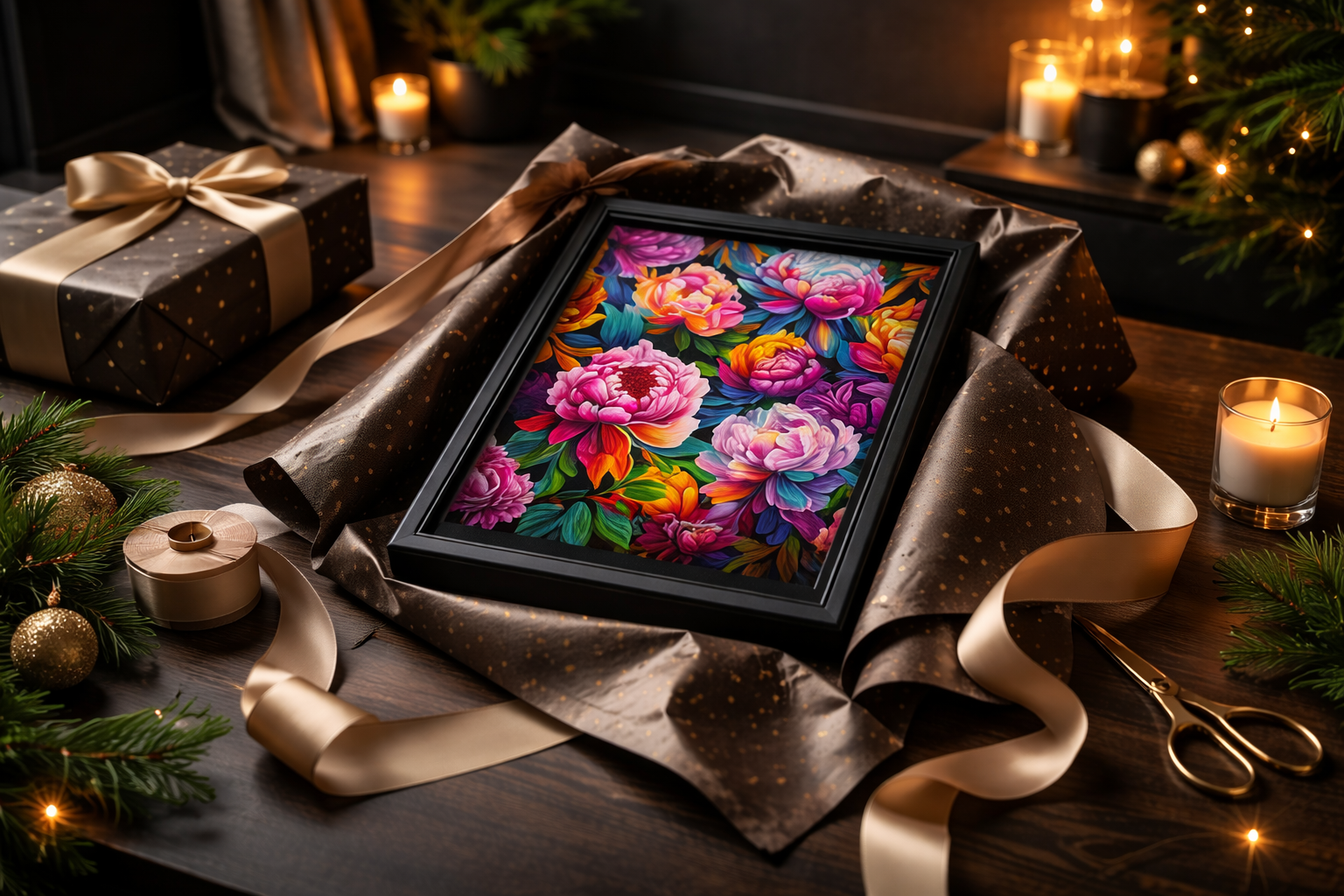 A bold, colorful framed art print being unwrapped as a holiday gift, surrounded by wrapping paper, ribbon, and candles