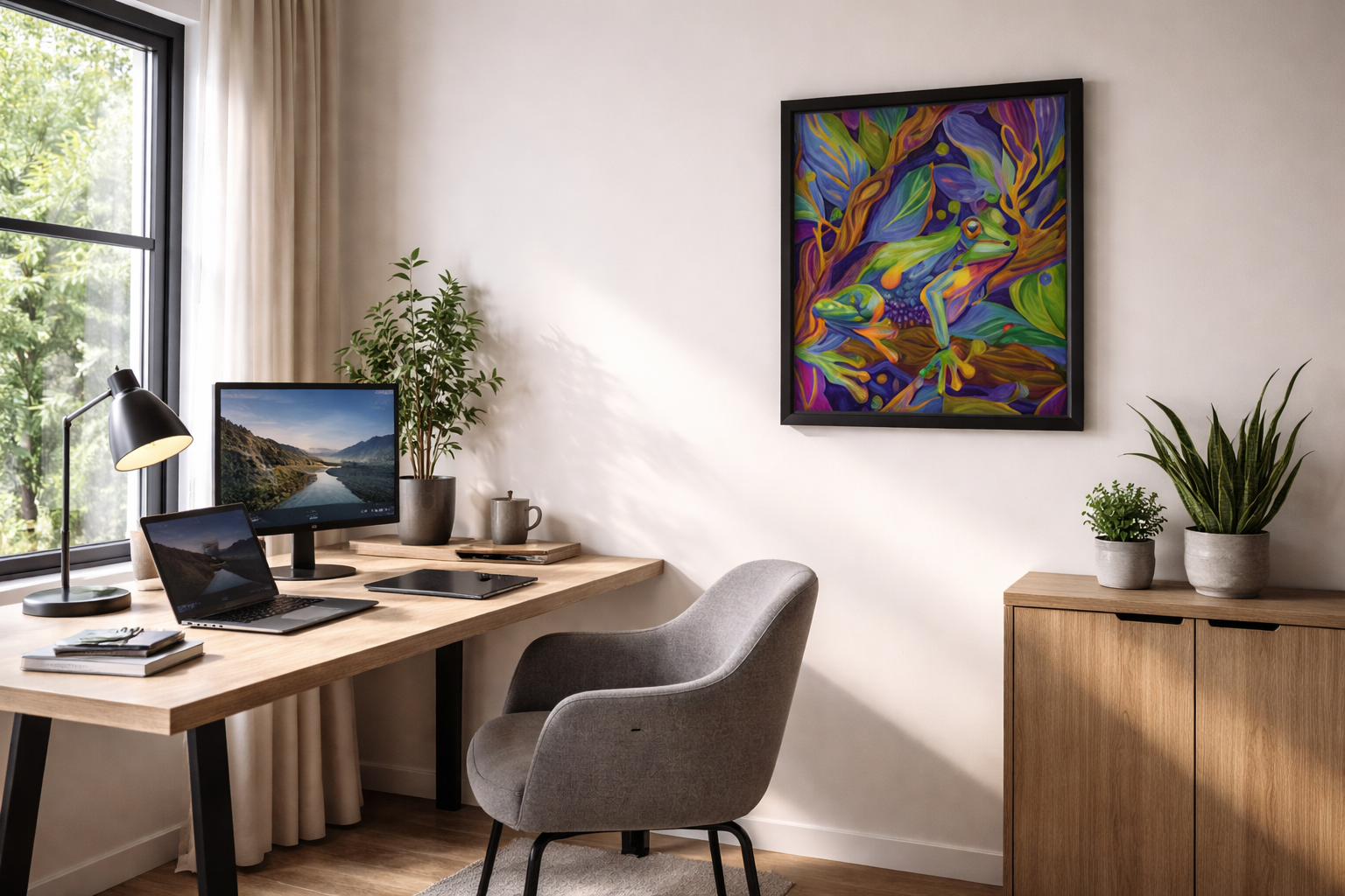 colorful art print in stylish home office workspace