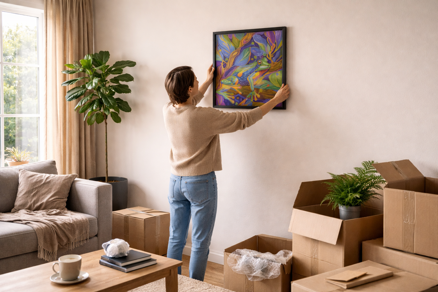 A woman hanging a bold colorful art print on the wall of her new apartment, with moving boxes still unpacked — the perfect housewarming gift idea