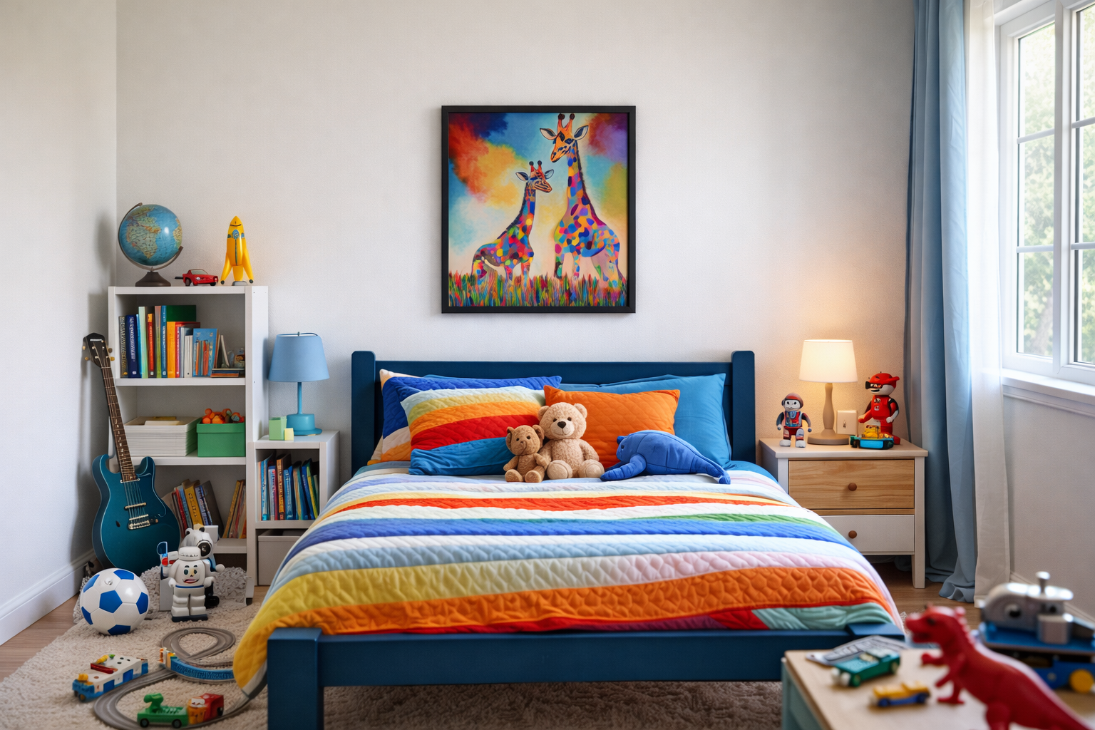 colorful animal art print in child's bedroom