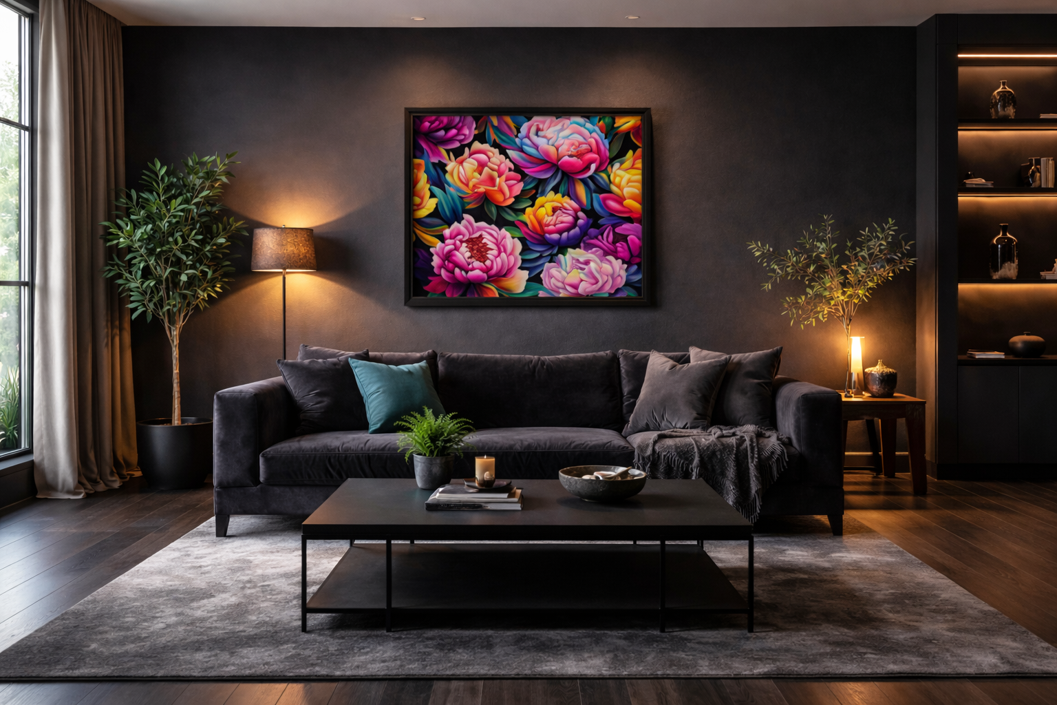 colorful wall art centered above sofa in stylish living room
