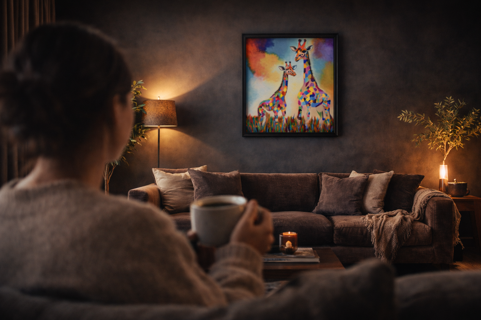 A woman relaxing on a couch with coffee, enjoying a colorful giraffe wall art print in her living room